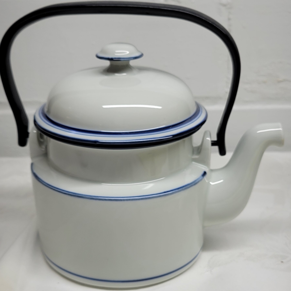 Dansk White Teapot with Blue Trim and Black Handle